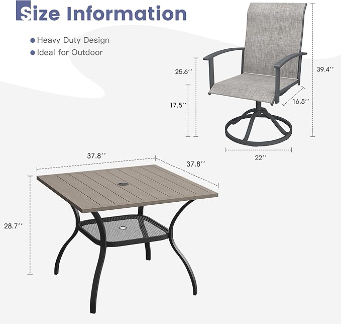 VICLLAX Outdoor Table and Chairs Set for 4, Patio Dining Set of 37.8" Metal Square Patio Table with Umbrella Hole & 4 Swivel Outdoor Dining Chairs for Backyard Lawn, Grey & Antique Grey
