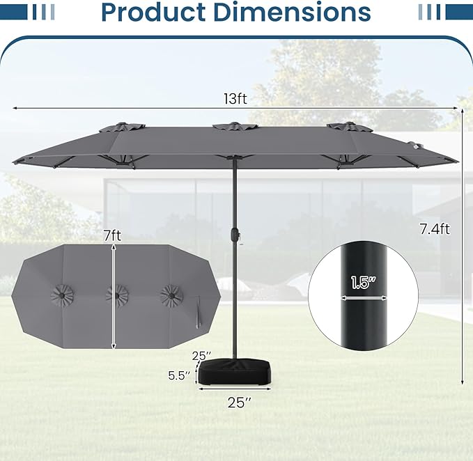 Tangkula 13FT Double-Sided Solar Patio Umbrella, Extra-Large Outdoor Twin Umbrella with 36 LED Lights, Vented Top, Crank Handle, 12 Ribs, Weighted Base Included for Backyard Poolside Deck (Gray)
