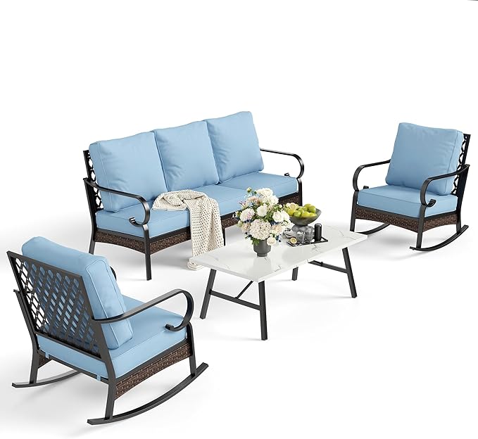 4 PCS Metal Outdoor Patio Furniture Set, Patio Conversation Sets 1 3-Seater Sofa, 2 Rocking Chairs with 5.75" Extra Thick Cushion & Coffee Table, Black Frame Backyard Furniture, Blue