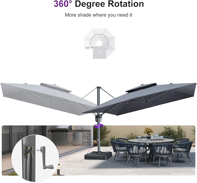 PURPLE LEAF 12FT Sunbrella Cantilever Umbrella Heavy Duty Large Double Top Offset Hanging 360° Rotation Square Umbrella for Garden Patio Deck Pool Backyard Cast Slate