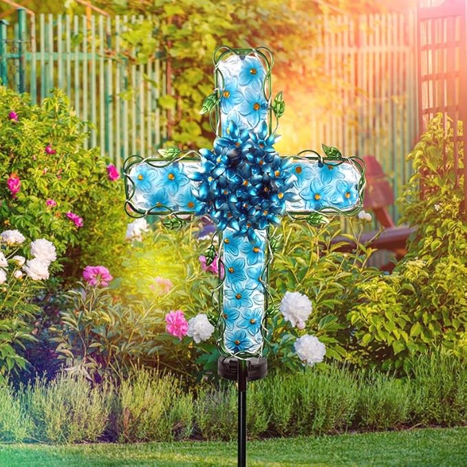 COOZZYHOUR Solar Cross Garden Lights Outdoor Decorative - Solar Metal&Glass Cross Blue Hydrangea Flower Stake Lights- Waterproof 20 Warm White LED for Remembrance Gifts
