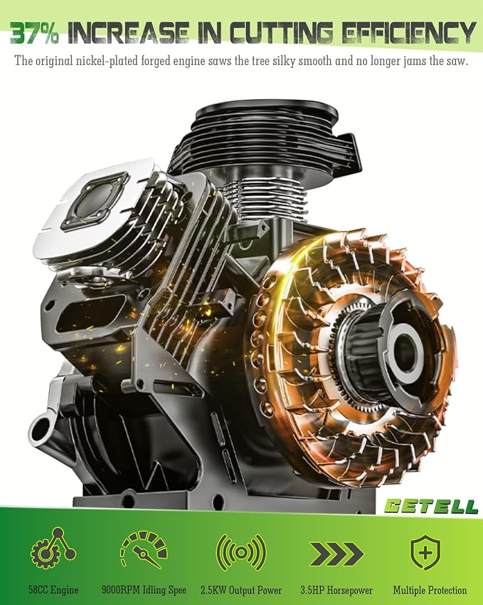 Gas Powered Chainsaw with 20 and 18 Inch Bar Dual System, 58cc 3.6 HP Professional 2-Stroke Engine, Easy Start and Anti-Vibration for Farm Ranch or Heavy Duty Wood Cutting (Green Black)