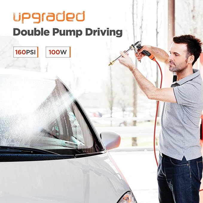 Car Pressure Washer - 100W 160PSI Portable Electric Washer Pump with 20 Feet PVC Hose 12V Pressure Washers for Home Garden Car Vehicles Cleaning Pet Shower (Dual Pump-B)