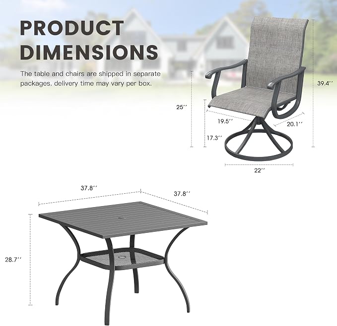 Outdoor Dining Set for 2, 28" Metal Square Outdoor Dining Table and Sling Patio Swivel Chairs, 3 Pieces Patio Table and Chairs Set for Garden Backyard, Grey and Dark Grey