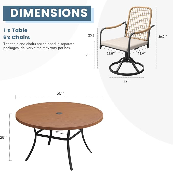 DIFY 7 Pieces Outdoor Dining Set for 6, 50" Round Dining Table with Umbrella Hole & Wicker Swivel Patio Chairs with Cushions, Metal Patio Table and Chairs Set for Backyard Porch Garden, Walnut