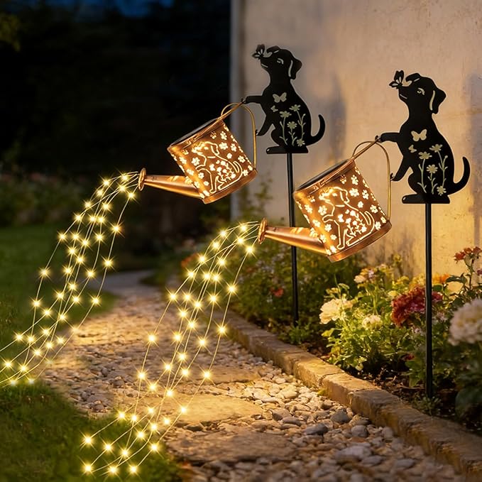 Solar Watering Can with Light, Outdoor Garden Decoration, Featuring A Metal Dog Statue Garden Stake; Makes A Great Gift for Women, for Outdoor Landscaping, Lawns, and Pathway