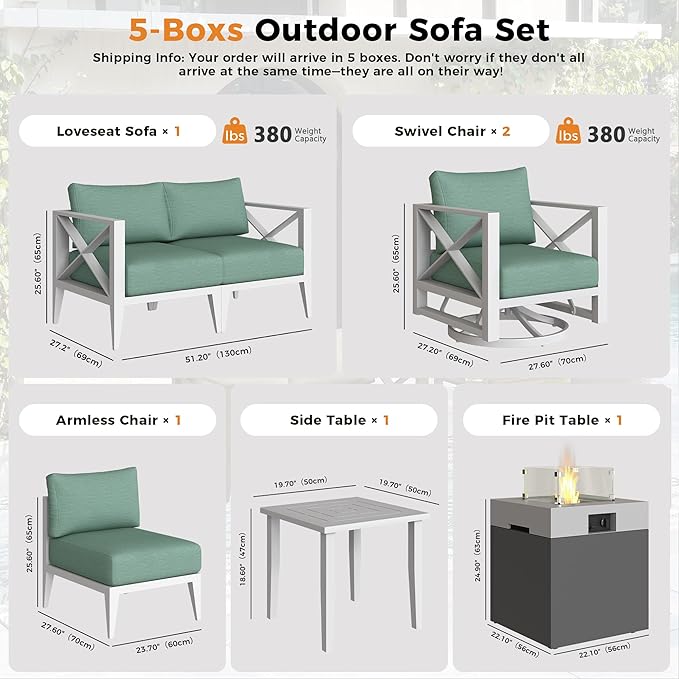 Aluminum Patio Furniture Set with Fire Pit Table,5-Seats Patio Sectional Conversation Sofa with 5.2" All-Weather Cushions and 2 Swivel Rocking Chairs,Outdoor Furniture Set(White)