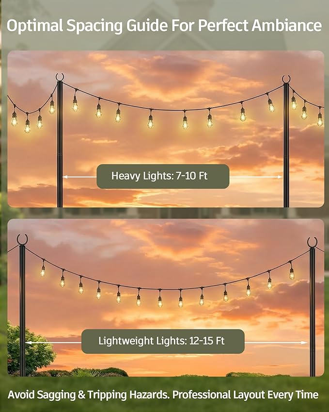 LAND·VOI String Light Poles 4 Pack, Heavy Duty Outdoor Light Poles with Upgraded 5‑Prong Base, Anti‑Bending Stable Design for Backyard Patio Garden Wedding Party Decoration