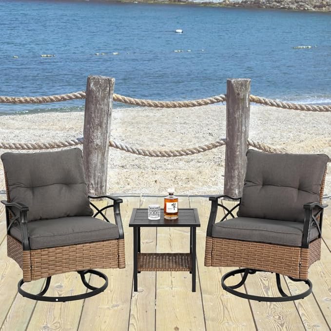 Outdoor Swivel Rocker Chairs Set 3 with 1 Table and 2 Rocking & Swivel Chairs, Brown Wicker Outdoor Furniture Patio Conversation Set