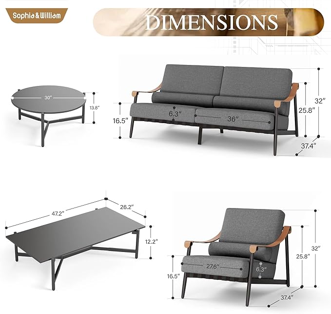 Sophia & William Luxury Patio Furniture Set Outdoor Conversation Set 6pcs, 6.3" Extra Thick Cushion Heavy Duty with Extra Wide & Deep Seat for 4, Side Table with Coffee Table for Pool Garden Backyard