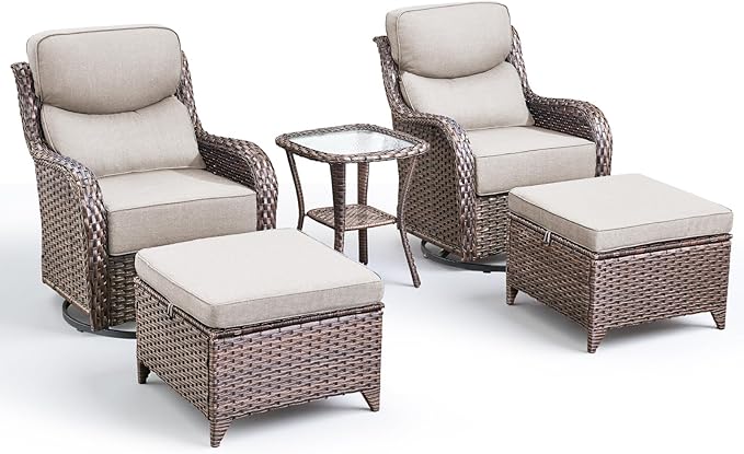 Luxury 5 Pieces Patio Furniture Set-Outdoor Swivel Rocker Patio Chairs with 6" Thick Cushions, Swivel Rocker Chairs with Ottomans & Side Table, Outdoor Conversation Sets for Porch Deck(Brown/Beige)