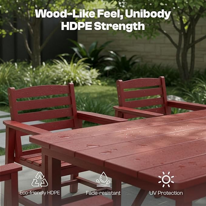 Outdoor HDPE Dining Set 7 Pieces, Patio Table with Umbrella Hole and 6 Chairs, All Weather Patio Furniture for Lawn, Garden, Backyard, Deck, Poolside, Outdoor Dining Table and Chairs, Red