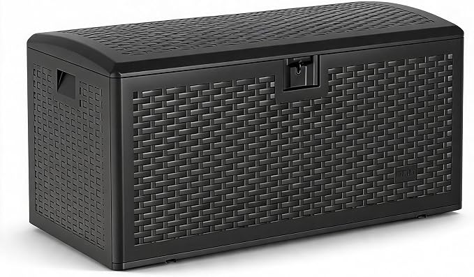120 Gallon Waterproof Outdoor Storage Box – Blow-Molded Deck Box with Gas Rod Lift Lid, Lockable for Patio Furniture, Cushions, Garden Tools & Pool Floats,Black