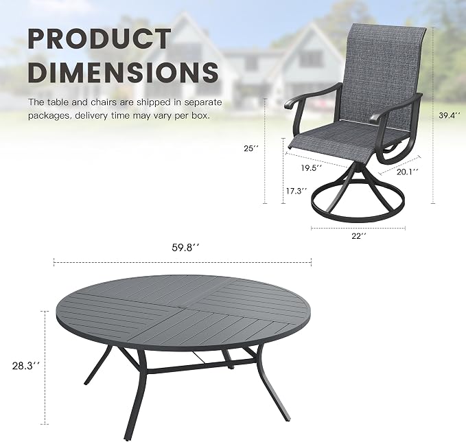 Outdoor Dining Set for 8, 60.1" Metal Round Outdoor Dining Table with Umbrella Hole and Sling Patio Swivel Chairs, 9 Pieces Patio Table and Chairs Set for Garden Backyard, Charcoal and Black