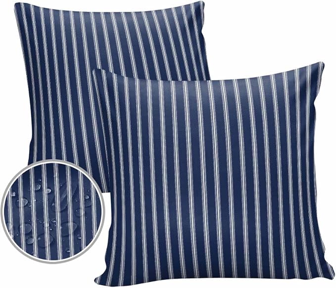 Outdoor Waterproof Throw Pillow Covers 24x24in, Nautical Stripes Cushions for Garden Patio Furniture Chairs Set of 2, Navy Blue Home Decor Couch Sofa Polyester Pillow Cases