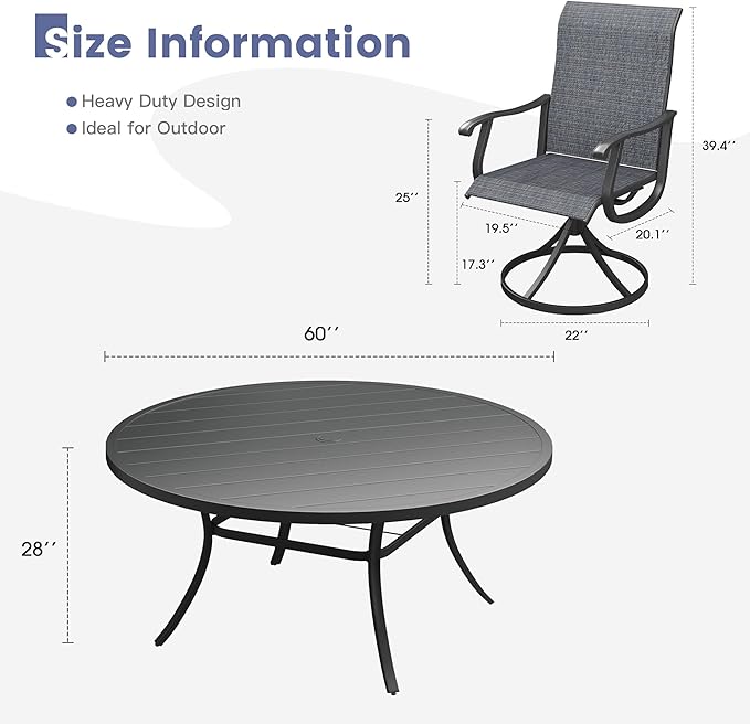 VICLLAX 9 Pieces Outdoor Dining Set, Patio Furniture Set of 8 Patio Swivel Dining Chairs and 60" Patio Round Table, Dark Charcoal Chairs & Black Tabletop
