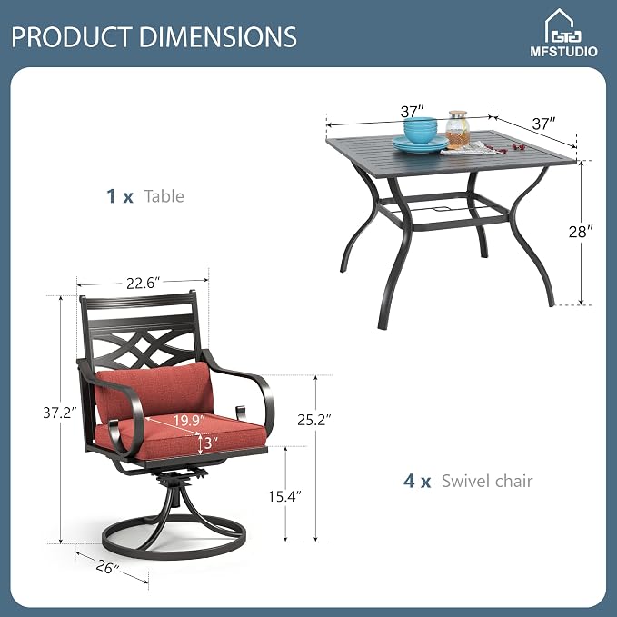 MFSTUDIO 5-Piece Patio Dining Set, 37" Square Metal Table, Swivel Chairs | Umbrella Hole, Red, Seats 4