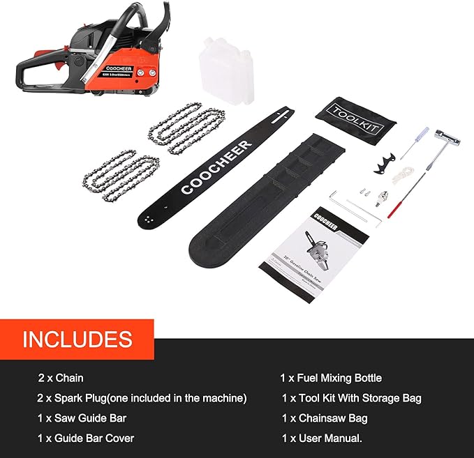 Gas Chainsaw Chain Saw 62CC 20 Inch 2-Cycle Gas Powered Chain Saws 3.5 HP Power Chain Saw Cordless Gasoline Powered Chainsaw with 2 Chains for Tree Wood Cutting