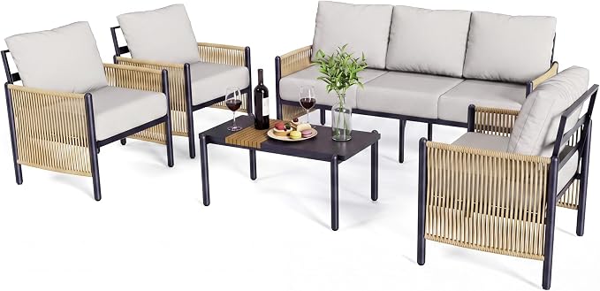 Aluminum Patio Furniture Set, 7 Seats Outdoor Patio Furniture with Coffee Table, Outdoor Wicker Conversation Sets with Cushion for Backyard, Balcony,Porch,Light Grey