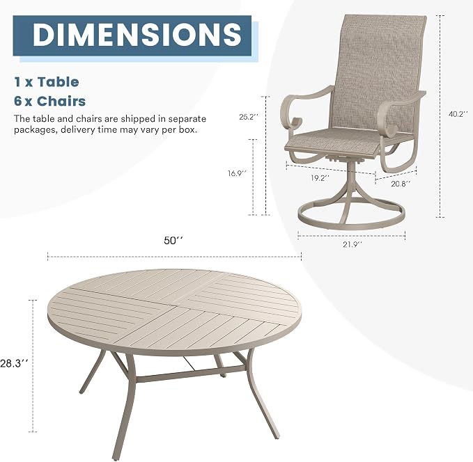 DIFY 7 Piece Outdoor Dining Set for 6, 50" Round Metal Dining Table with Umbrella Hole and Swivel Patio Chairs with Textilene Fabric, Patio Table and Chairs Set for Garden Backyard Deck, Sandshell