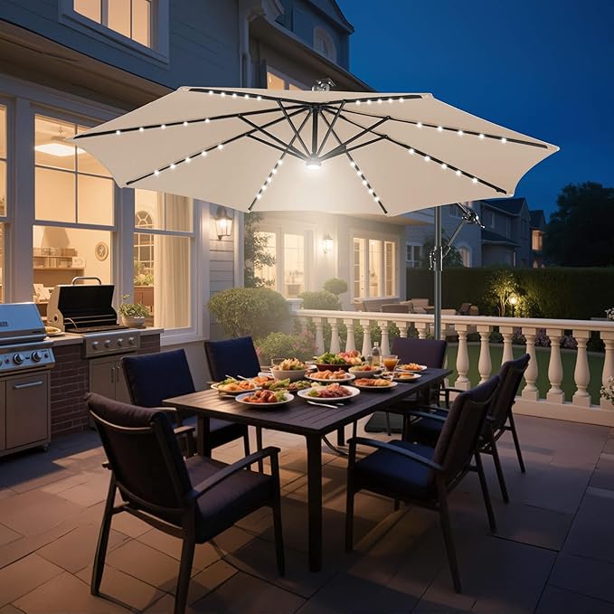 FLAME&SHADE 10ft Solar Cantilever Umbrella with 40 LED Lights, Lighted Large Offset Outdoor Patio Umbrellas, 8 Sturdy Ribs, UPF50+ UV Protection for Pool Deck Garden Yard, Beige