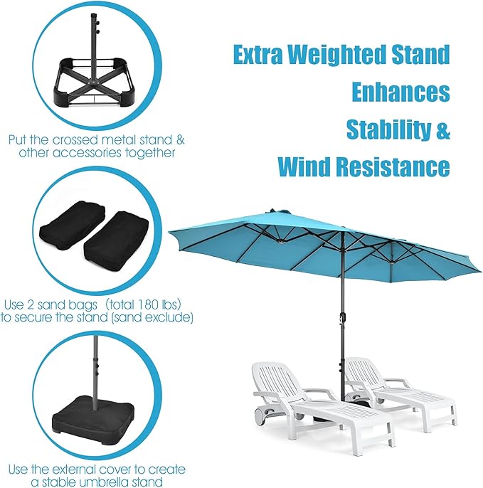 Tangkula 15FT Double-Sided Patio Umbrella, Outdoor Ultra-Large Twin Market Garden Umbrella W/Hand-Crank & Enhanced Base, for Residential & Commercial Use (Turquoise)