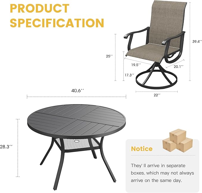 VICLLAX Patio Dining Set for 4, 5 Pieces All Weather Outdoor Dining Set - 40.6" Square Outdoor Table and 4 Patio Swivel Chairs for Lawn Garden, Black Tabletop and Mixed Brown Fabric