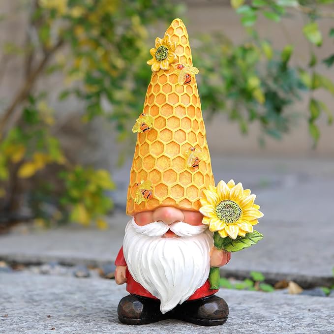 12.3''Garden Sunflower Gnomes Outdoor Statues Clearance for Garden Decor with Solar Bee Lights,Summer Decorations Gnomes Outside Decor - Gifts for Mom Woman,Yard Art Ornament for Patio Lawn