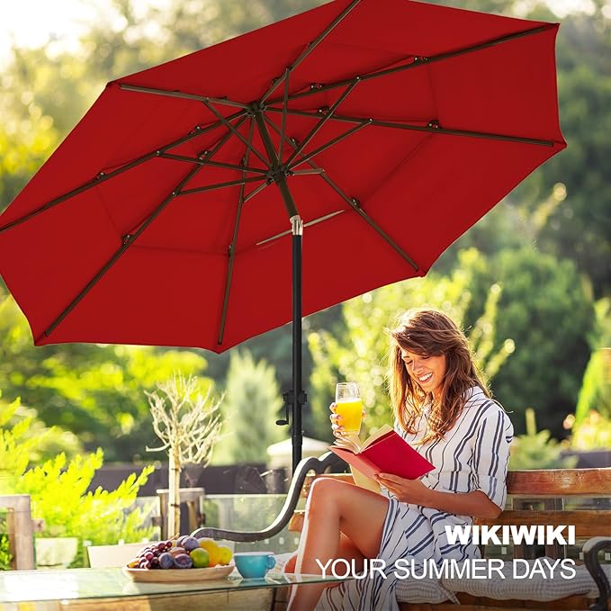 wikiwiki 9ft 3-Tier Patio Umbrella Outdoor Table Market Umbrella for Patio with Push Button Tilt/Crank, Fade Resistant Waterproof POLYESTER Canopy for Garden, Lawn, Deck, Backyard & Pool, Red