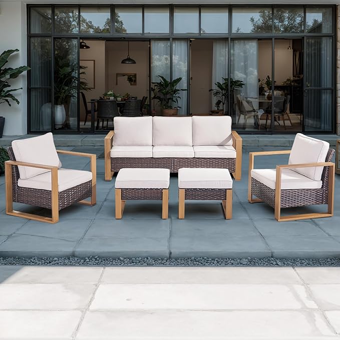 Rilyson Outdoor Wicker Patio Furniture Set - 5 Piece Patio Conversation Set with 2 Wicker Armrest Chairs,2 Rattan Ottoman and 1 Couch,Sturdy Frame,Thick Cushions,Deep Seating(Brown/Beige)