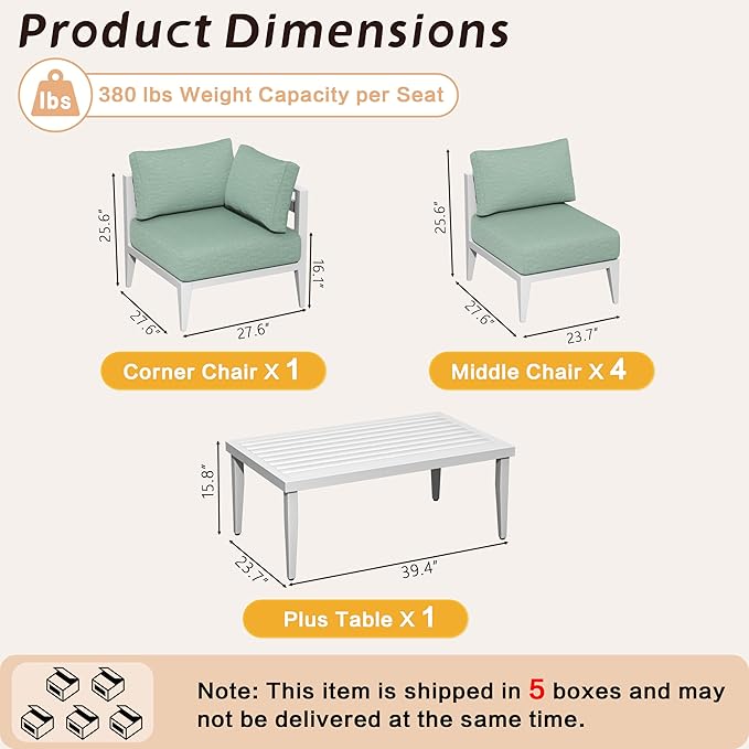 6-Piece Aluminum Outdoor Patio Furniture Set, Oversized Sectional Sofa with Corner Seat & Coffee Table, All-Weather Conversation Set for Backyard, Deck, Porch, or Balcony, White