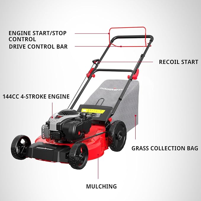 PowerSmart 21-Inch 3-in-1 Gas Self-Propelled Lawn Mower,140CC OHV Engine,Bagging/Mulching/Rear Discharging, 6 Cutting Heights, Durable Steel Deck, Rear-Wheel Drive, for Garden, Yard