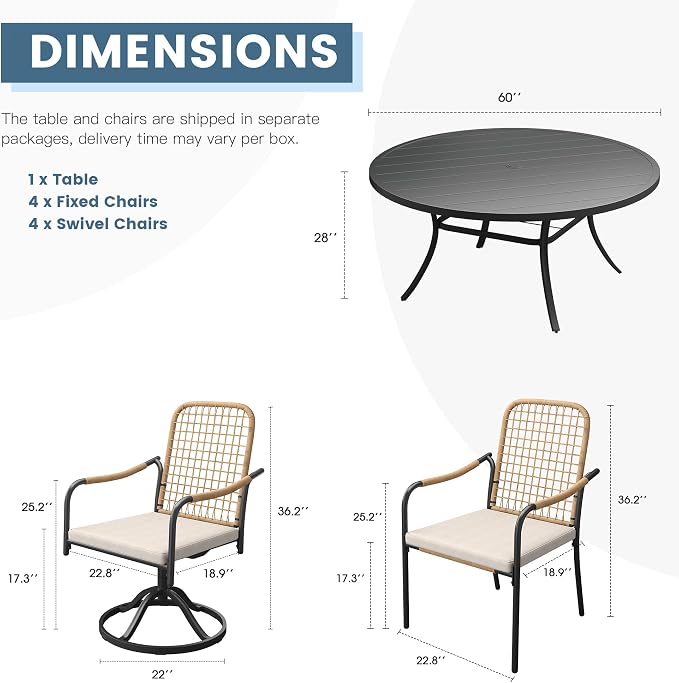 DIFY 9 Pieces Outdoor Dining Set for 8, Patio Furniture Set of 8 Wicker Patio Chairs with Soft Cushions and 60" Black Round Metal Table with Umbrella Hole, for Backyard Garden Deck, Wheat Rattan