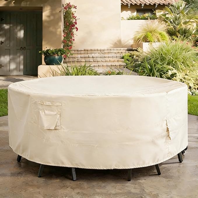Round Patio Furniture Cover, Heavy Duty and Waterproof for Outdoor Furniture covers, Round outdoor table cover, Patio table cover 84"DIA x 31"H Beige
