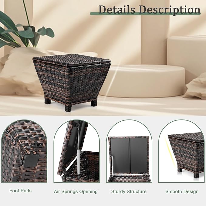 Outdoor Side Table with Storage, 13 Gallon Outdoor Bin Storage Container for Hose Cushion Towel, Patio Wicker Side Table (Brown)