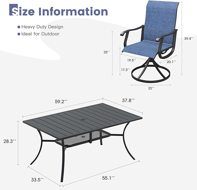 VICLLAX 7 Pieces Patio Dining Set, Patio Furniture Set of 6 Patio Swivel Dining Chairs and Rectangular Patio Table with Storage Shelf, Navy Blue Chairs & Black Tabletop