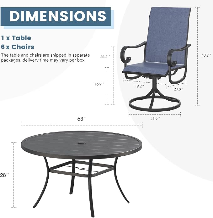 DIFY 7 Pieces Outdoor Dining Set for 6, Outdoor Furniture Set of 6 Blue Textilene Swivel Patio Chairs, 53" Black Round Metal Dining Table with Umbrella Hole, for Garden Deck Backyard