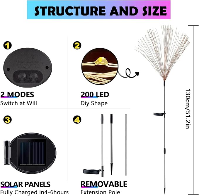 2 Pack Solar Firework Lights Outdoor, 200 LED Starburst Garden Lights, Adjustable Height 2/3-Rod 51in Taller Design, Stainless Steel, 2 Modes, IP65 Waterproof Pathway Lights for Yard Patio Lawn