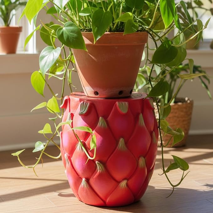 Realistic Fruit Stool, Small Resin Footrest Side Table, Indoor/Outdoor Decorative Plant Seat for Garden, Patio, Playroom, Kids' Room, Weather-Resistant (Dragon Fruit)