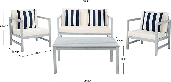SAFAVIEH Outdoor Collection Montez Grey / Beige Cushions/ Striped Pillows 4-Piece Conversation Patio Set