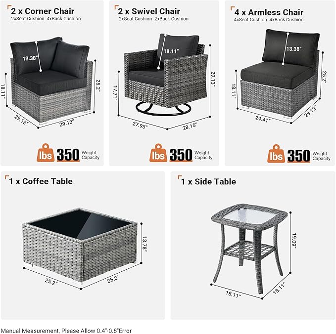 ovios Outdoor 10 Piece Coversation Set with Swivel Rocking Chair,Sectional Patio Furniture Set with All-Weather Wicker Sofa,Modern Outside Couch for Balcony Backyard Pool, Black
