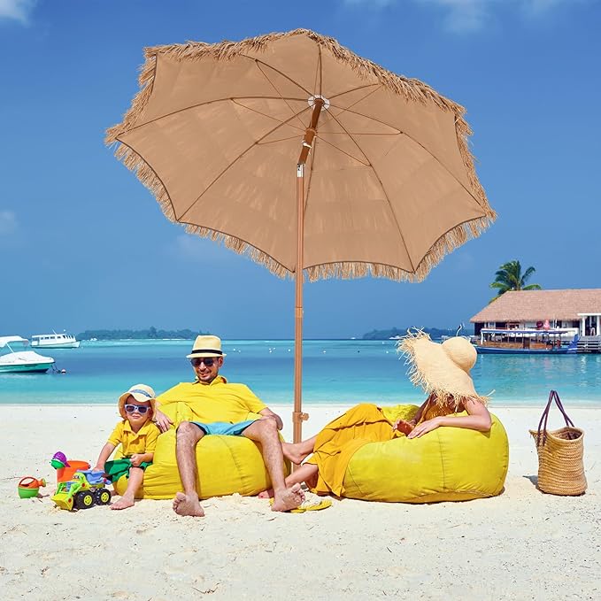 6.5Ft Tiki Umbrella Outdoor Patio, Hawaiian Hula PP Grass Umbrella with Tilt Design, 8 Ribs, Carry Bag & Foldable Base, Thatch Umbrella for Patio, Garden & Pool