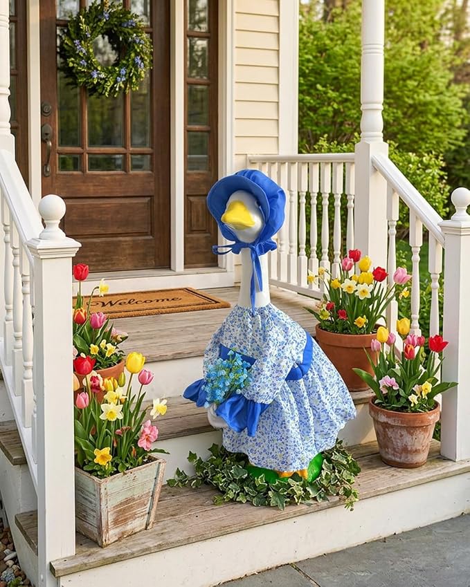 Spring Porch Goose Lady Outfits with Artificial Flowers - 23" Floral Dress Lawn Geese Clothes with Hat, Cute Porch Goose Summer Outfits for Patio Garden Decor, Best Gift for Mom Grandma