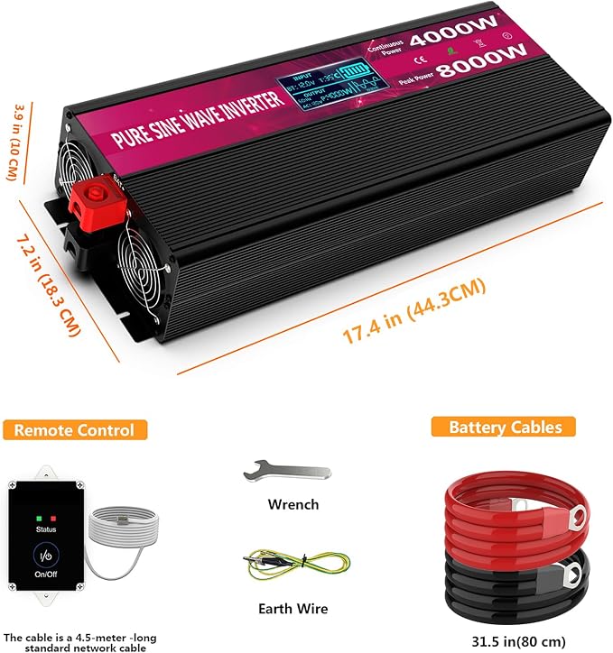 4000W Pure Sine Wave Power Inverter 12V DC to 110V/120V AC, 8000W Peak with Remote Control, 4 AC Outlets, Dual USB, LED Display, Heavy Duty Converter for RV, Truck, Solar System, Off-Grid & Emergency