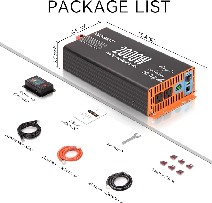 2000W Pure Sine Wave Inverter,24V DC to 120V AC Car Power Inverter 4000W Peak with 2AC Outlets, 3.0A USB and Type-C, LCD Display 16.5 ft Remote Control for RV Truck Travel Solar Emergency