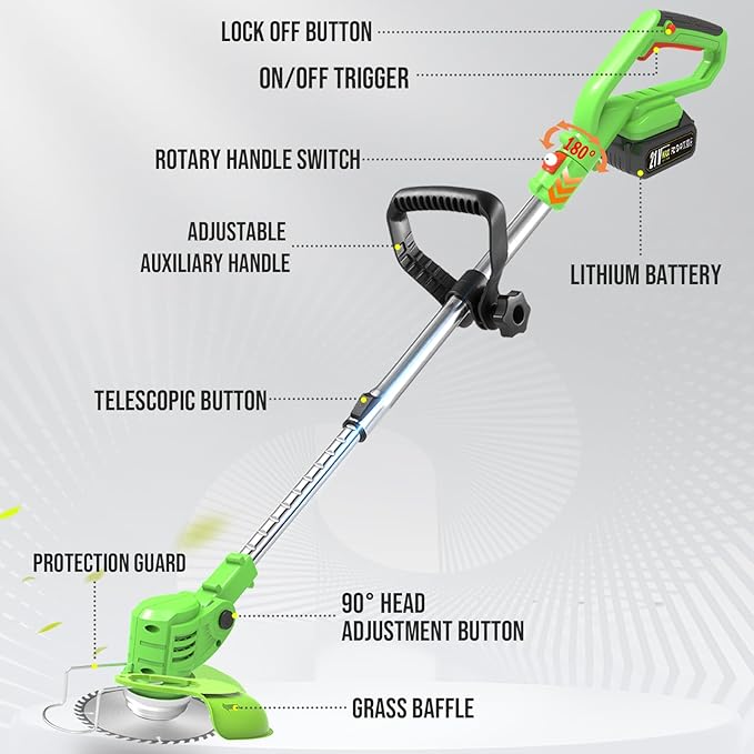 Electric Weed Wacker Cordless, 21V Battery Powered Weed Eater with 2X 2.0Ah Battery Operated and Charger, Lightweight 3 in 1 Weed Trimmer Lawn Edger Brush Cutter, Stringless Weedwacker for Garden Yard