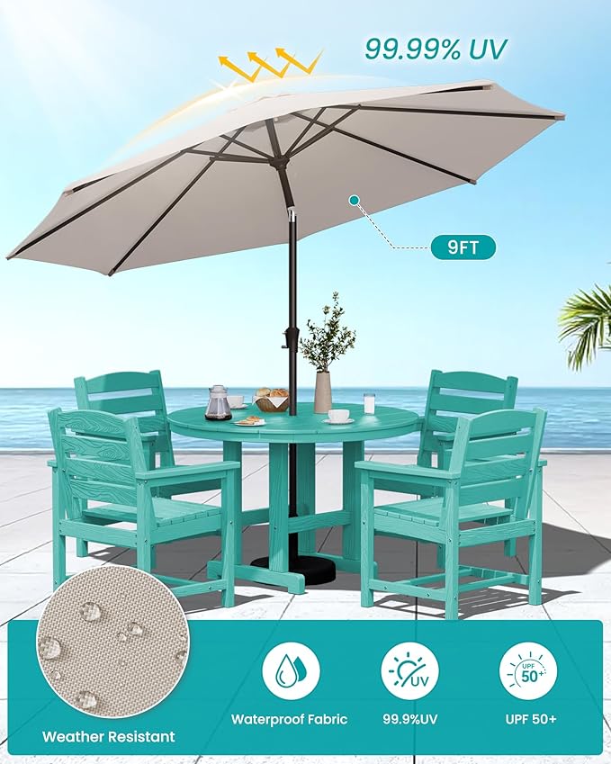 SERWALL 6-Piece Patio Dining Sets, HDPE Outdoor Table and Chairs Furniture Set with Umbrella, 45" Round Dining Table & 4 Dining Chairs & 1 9FT Umbrella, Aruba(Not Include Umbrella Base)