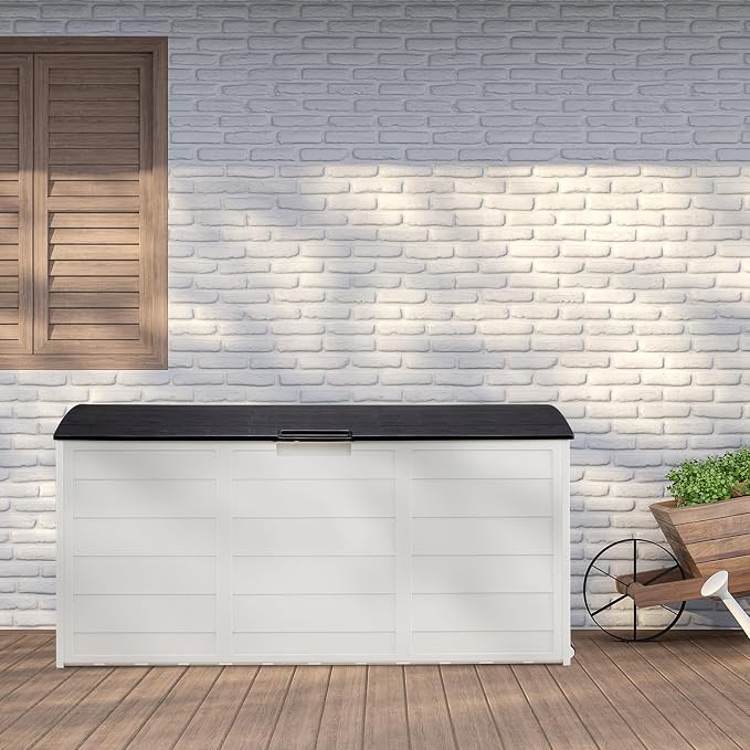 Outdoor Storage Boxes for Garden Tools,75Gallon 280L Outdoor Garden Plastic Storage Deck Box Chest Tools Cushions Lockable Seat,Patio Furniture Cushions, Pool Supplies,Black&White