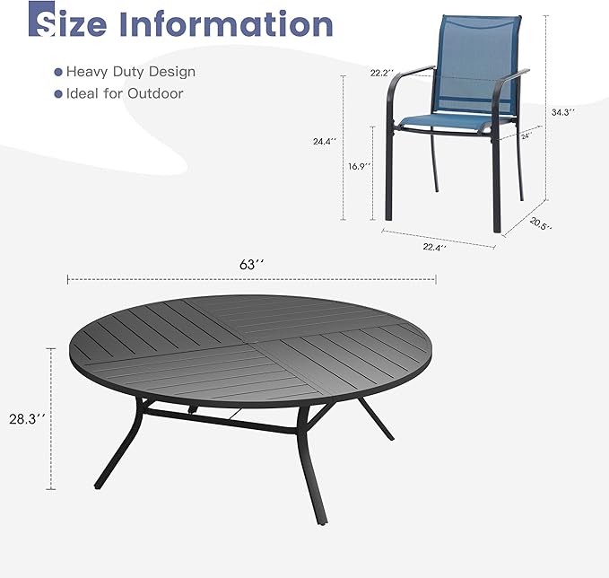 VICLLAX 11 Pieces Round Patio Dining Set, Patio Furniture Set of 10 Patio Stackable Dining Chairs and 63" Outdoor Spliced Tabletop with Umbrella Hole, Blue Chairs and Black Table