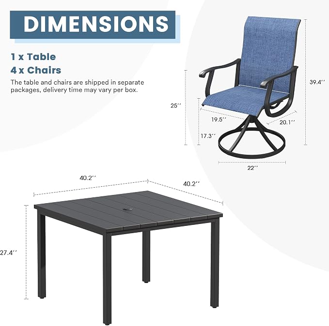 DIFY Patio Table and Chairs Set for 4, 5 Piece Outdoor Dining Set, 40.2" Black Square Metal Dining Table with Umbrella Hole and 4 Blue Textilene Swivel Patio Chairs, for Garden Backyard Deck